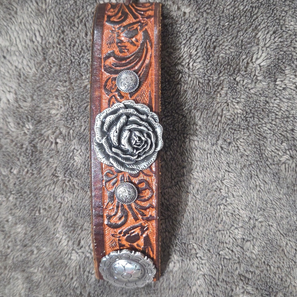 Brown Leather Bracelet Silver Conchos Rose Accent Southwestern Boho Artsy